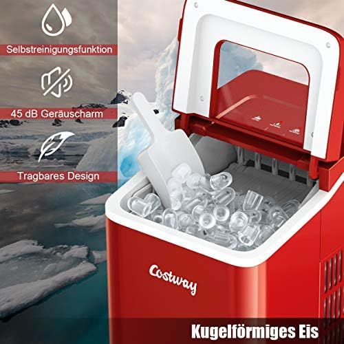 코스트웨이 [아마존베스트]Costway Ice Cube Machine, Ice Cube Maker Including Ice Cube Scoop, 9 Ice Cubes In 8 Minutes, 12 Kg In 24 Hours, 1.6 L Water Tank, 31 X 22 X 30 Cm, red