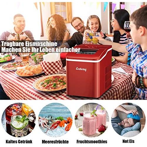 코스트웨이 [아마존베스트]Costway Ice Cube Machine, Ice Cube Maker Including Ice Cube Scoop, 9 Ice Cubes In 8 Minutes, 12 Kg In 24 Hours, 1.6 L Water Tank, 31 X 22 X 30 Cm, red