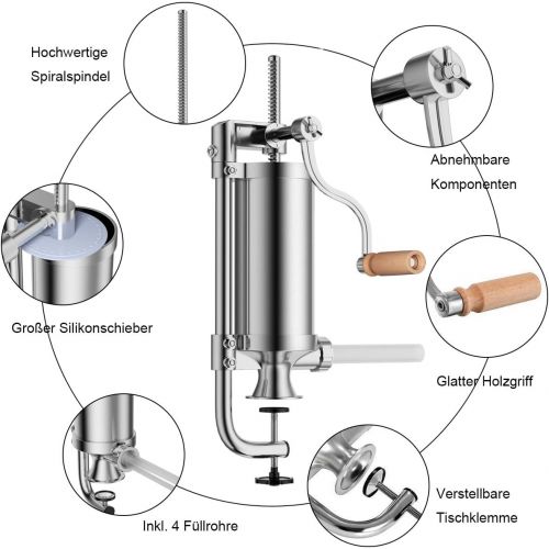 코스트웨이 [아마존베스트]COSTWAY 1.5 L Sausage Filler Manual Stainless Steel Sausage Filling Machine Silver Sausage Press with Table Clamp Sausage Syringe Includes 4 Filling Tubes