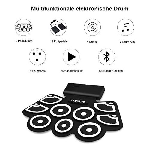 코스트웨이 [아마존베스트]Costway 9 Pads E-Drum, Electronic Drum Set with Bluetooth, Roll-Up Drum with Pedals and Drumsticks for Children and Beginners, Black