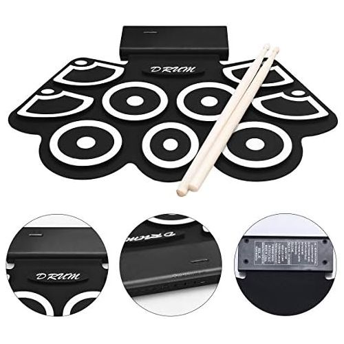 코스트웨이 [아마존베스트]Costway 9 Pads E-Drum, Electronic Drum Set with Bluetooth, Roll-Up Drum with Pedals and Drumsticks for Children and Beginners, Black