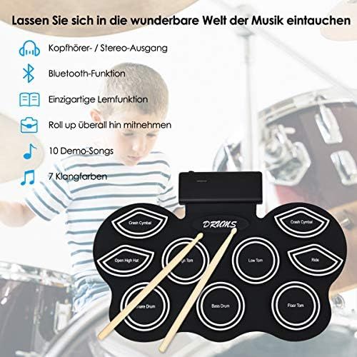 코스트웨이 [아마존베스트]COSTWAY 9 Pads Electric Drum with LED Electronic Drum Set with Educational Function and Bluetooth Roll-Up Drum with Pedals and Drumsticks for Children and Beginners Black