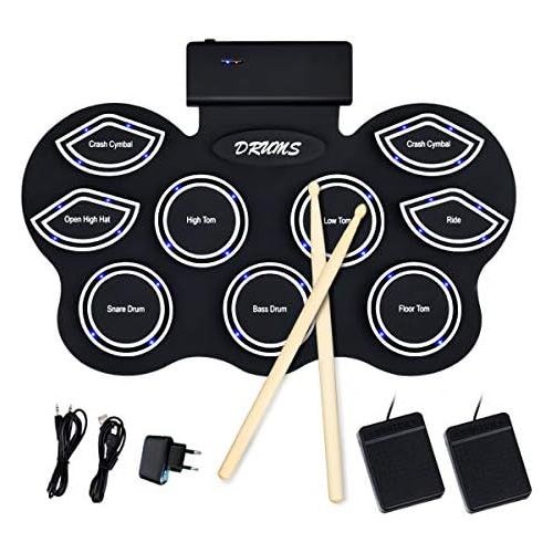 코스트웨이 [아마존베스트]COSTWAY 9 Pads Electric Drum with LED Electronic Drum Set with Educational Function and Bluetooth Roll-Up Drum with Pedals and Drumsticks for Children and Beginners Black