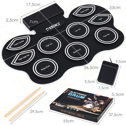 코스트웨이 [아마존베스트]COSTWAY 9 Pads Electric Drum with LED Electronic Drum Set with Educational Function and Bluetooth Roll-Up Drum with Pedals and Drumsticks for Children and Beginners Black