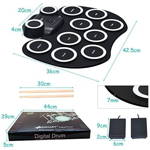 코스트웨이 [아마존베스트]COSTWAY 9 Pads E-Drum LED Electronic Drum Set with Bluetooth 7 Tones 10 Demos Roll-Up Drum with Pedals and Drumsticks for Children and Beginners