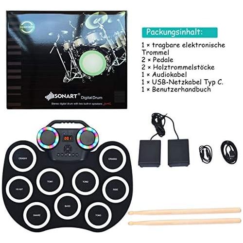 코스트웨이 [아마존베스트]COSTWAY 9 Pads E-Drum LED Electronic Drum Set with Bluetooth 7 Tones 10 Demos Roll-Up Drum with Pedals and Drumsticks for Children and Beginners