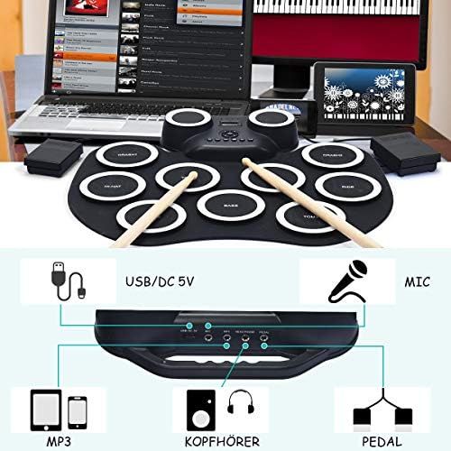 코스트웨이 [아마존베스트]COSTWAY 9 Pads E-Drum LED Electronic Drum Set with Bluetooth 7 Tones 10 Demos Roll-Up Drum with Pedals and Drumsticks for Children and Beginners