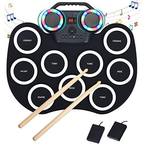 코스트웨이 [아마존베스트]COSTWAY 9 Pads E-Drum LED Electronic Drum Set with Bluetooth 7 Tones 10 Demos Roll-Up Drum with Pedals and Drumsticks for Children and Beginners