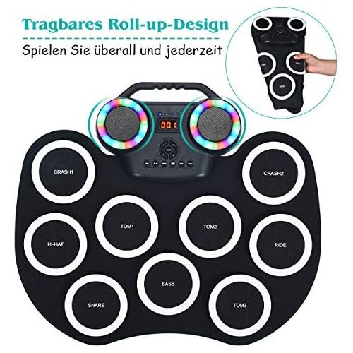 코스트웨이 [아마존베스트]COSTWAY 9 Pads E-Drum LED Electronic Drum Set with Bluetooth 7 Tones 10 Demos Roll-Up Drum with Pedals and Drumsticks for Children and Beginners