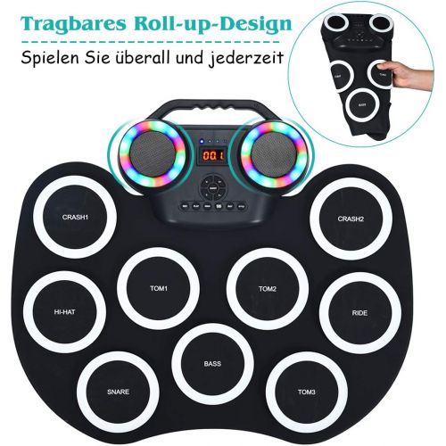 코스트웨이 [아마존베스트]COSTWAY 9 Pads E-Drum LED Electronic Drum Set with Bluetooth 7 Tones 10 Demos Roll-Up Drum with Pedals and Drumsticks for Children and Beginners