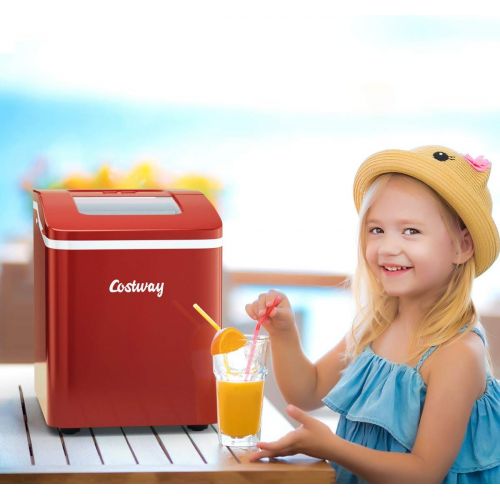 코스트웨이 [아마존베스트]Costway Ice Cube Machine, Ice Cube Maker Including Ice Cube Scoop, 9 Ice Cubes In 8 Minutes, 12 Kg In 24 Hours, 1.6 L Water Tank, 31 X 22 X 30 Cm, red