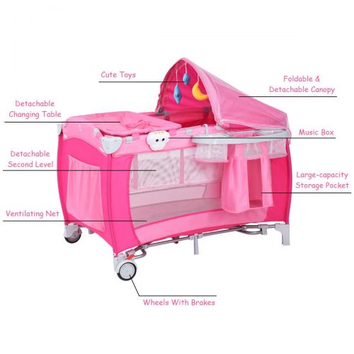 코스트웨이 COSTWAY New Foldable Baby Crib Playpen Travel Infant Bassinet Bed Mosquito Net Music w Bag