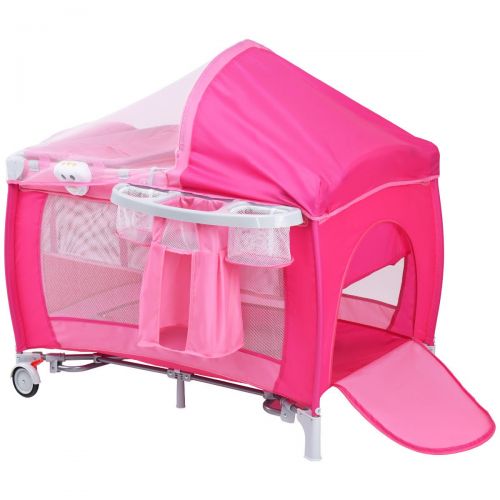 코스트웨이 COSTWAY New Foldable Baby Crib Playpen Travel Infant Bassinet Bed Mosquito Net Music w Bag