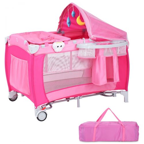 코스트웨이 COSTWAY New Foldable Baby Crib Playpen Travel Infant Bassinet Bed Mosquito Net Music w Bag