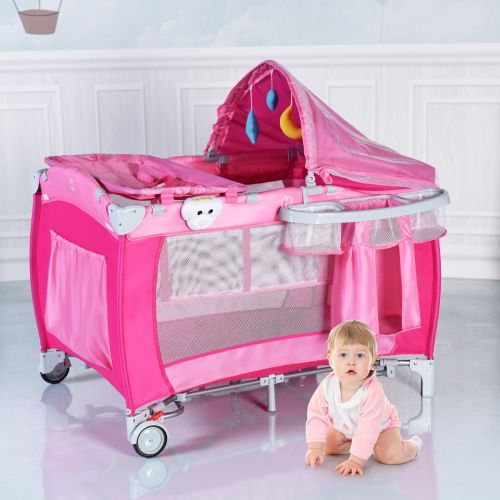 코스트웨이 COSTWAY New Foldable Baby Crib Playpen Travel Infant Bassinet Bed Mosquito Net Music w Bag