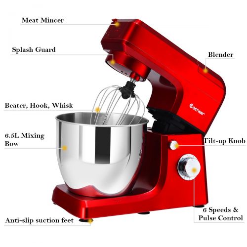 코스트웨이 COSTWAY Costway Tilt-Head Stand Mixer 3 in 1 800W Multifunctional Speed Adjustable Kitchen Electric Mixer with 7-Quart Stainless Steel Bowl, Meat Grinder, Blender, Red