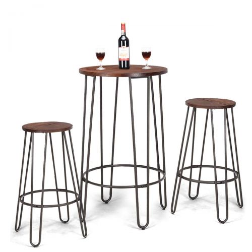 코스트웨이 COSTWAY 3 Pieces Bar Table Set with 2 Stools Round Height Steel Pub Dining Bistro Table Set Coffee