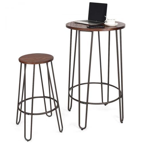 코스트웨이 COSTWAY 3 Pieces Bar Table Set with 2 Stools Round Height Steel Pub Dining Bistro Table Set Coffee