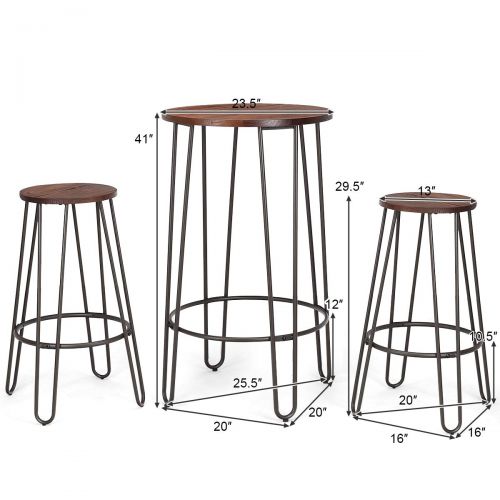 코스트웨이 COSTWAY 3 Pieces Bar Table Set with 2 Stools Round Height Steel Pub Dining Bistro Table Set Coffee