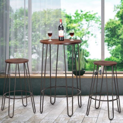 코스트웨이 COSTWAY 3 Pieces Bar Table Set with 2 Stools Round Height Steel Pub Dining Bistro Table Set Coffee