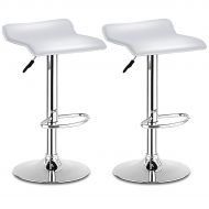 COSTWAY Swivel Bar Stools Adjustable Contemporary Modern Design Chrome Hydraulic PU Leather Backless Dining Chairs Set of 2(White)