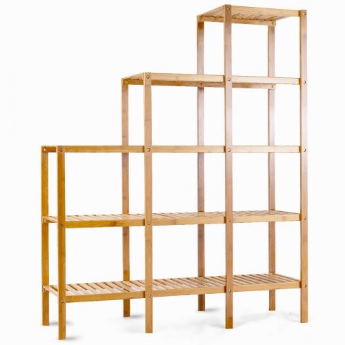 코스트웨이 COSTWAY Costway 5-Tier Bamboo Shelf Multifunctional Customizable Utility Bathroom Plant Display Stand Storage Rack (9-Pots)