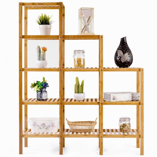 코스트웨이 COSTWAY Costway 5-Tier Bamboo Shelf Multifunctional Customizable Utility Bathroom Plant Display Stand Storage Rack (9-Pots)