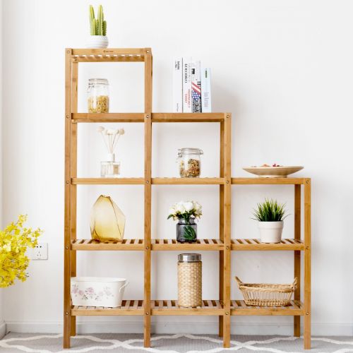 코스트웨이 COSTWAY Costway 5-Tier Bamboo Shelf Multifunctional Customizable Utility Bathroom Plant Display Stand Storage Rack (9-Pots)