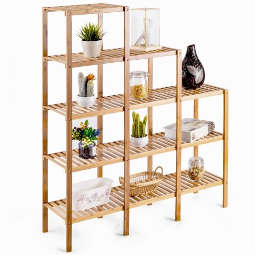 코스트웨이 COSTWAY Costway 5-Tier Bamboo Shelf Multifunctional Customizable Utility Bathroom Plant Display Stand Storage Rack (9-Pots)