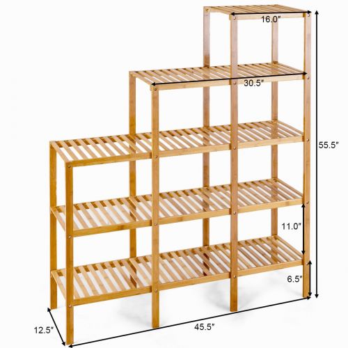 코스트웨이 COSTWAY Costway 5-Tier Bamboo Shelf Multifunctional Customizable Utility Bathroom Plant Display Stand Storage Rack (9-Pots)