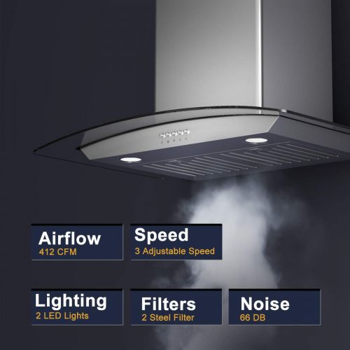 코스트웨이 COSTWAY 30 Wall Mount Range Hood Stainless Steel Kitchen Cooking Vent Fan with LED Light (Wall Mount & Tempered Glass)