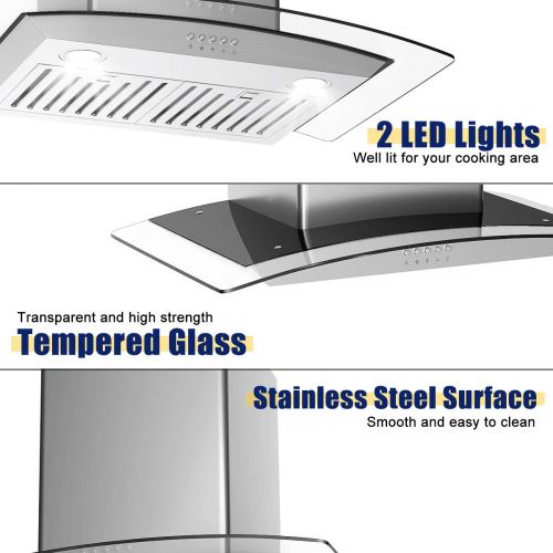 코스트웨이 COSTWAY 30 Wall Mount Range Hood Stainless Steel Kitchen Cooking Vent Fan with LED Light (Wall Mount & Tempered Glass)