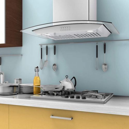 코스트웨이 COSTWAY 30 Wall Mount Range Hood Stainless Steel Kitchen Cooking Vent Fan with LED Light (Wall Mount & Tempered Glass)