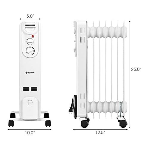 코스트웨이 COSTWAY Oil Filled Radiator Heater 1500W, 3 Heat Settings, Adjustable Thermostat Temperature, Overheat and Tip-Over Protection, Electric Space Heater for Indoor Use, Bedroom, Offic