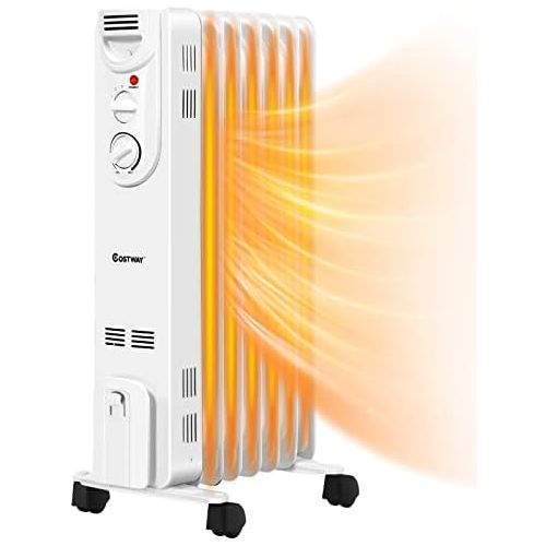 코스트웨이 COSTWAY Oil Filled Radiator Heater 1500W, 3 Heat Settings, Adjustable Thermostat Temperature, Overheat and Tip-Over Protection, Electric Space Heater for Indoor Use, Bedroom, Offic