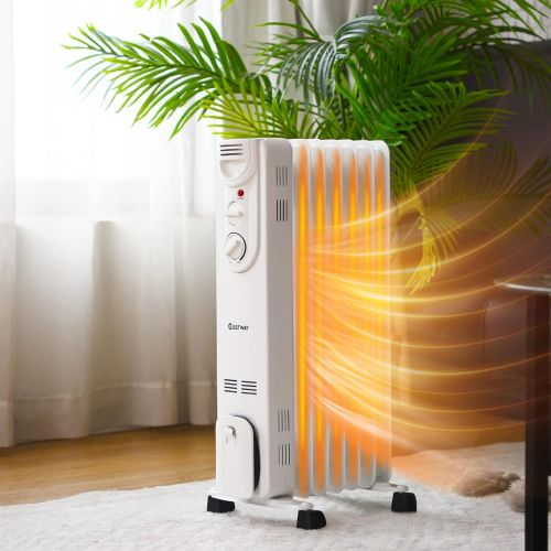 코스트웨이 COSTWAY Oil Filled Radiator Heater 1500W, 3 Heat Settings, Adjustable Thermostat Temperature, Overheat and Tip-Over Protection, Electric Space Heater for Indoor Use, Bedroom, Offic