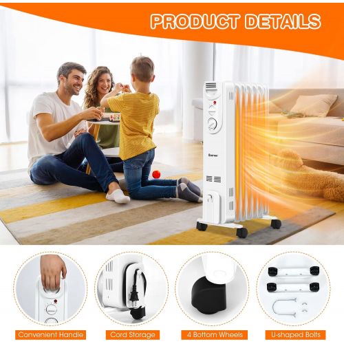 코스트웨이 COSTWAY Oil Filled Radiator Heater 1500W, 3 Heat Settings, Adjustable Thermostat Temperature, Overheat and Tip-Over Protection, Electric Space Heater for Indoor Use, Bedroom, Offic