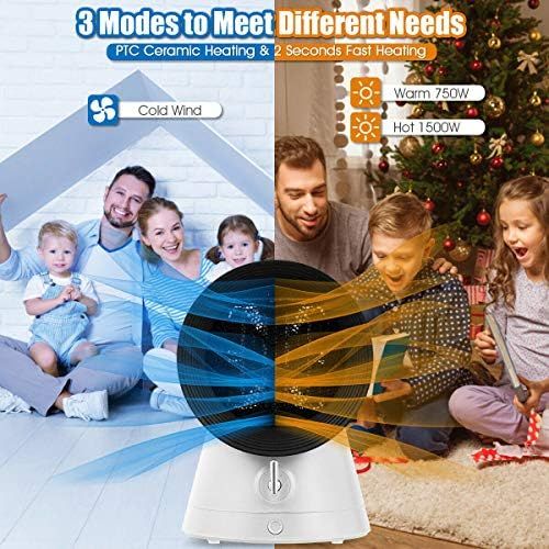 코스트웨이 COSTWAY 2 in 1 Mini Electric Space Heater Cooling Fan, 3 Modes 1500W Portable Small Ceramic Heater, 2 Seconds Heating, Overheat and Tip-Over Protections, Desktop Design For Indoor