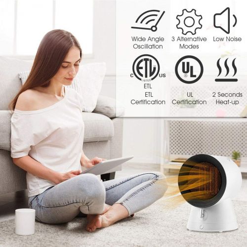 코스트웨이 COSTWAY 2 in 1 Mini Electric Space Heater Cooling Fan, 3 Modes 1500W Portable Small Ceramic Heater, 2 Seconds Heating, Overheat and Tip-Over Protections, Desktop Design For Indoor