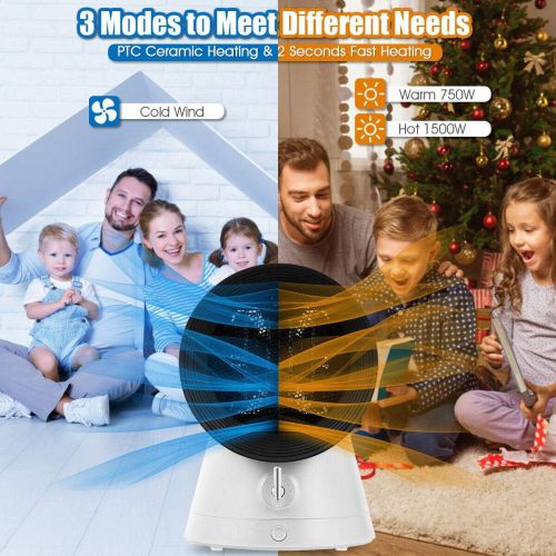 코스트웨이 COSTWAY 2 in 1 Mini Electric Space Heater Cooling Fan, 3 Modes 1500W Portable Small Ceramic Heater, 2 Seconds Heating, Overheat and Tip-Over Protections, Desktop Design For Indoor