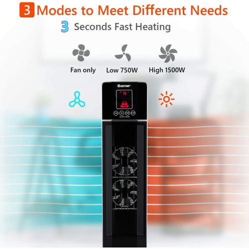 코스트웨이 COSTWAY Oscillating Ceramic Tower Heater, 30.5-Inch Portable Room Heater 750W/1500W with 8H Timer, Adjustable Thermostat & Wireless Remote Control, Overheat & Tip-Over Protection f