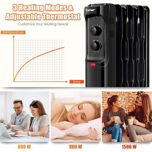 코스트웨이 COSTWAY Oil Filled Radiator Heater, 1500W Portable Space Heater with 3 Heating Mode, Adjustable Thermostat, Tip-Over and Overheat Protection, Electric Heater for Home Office Indoor