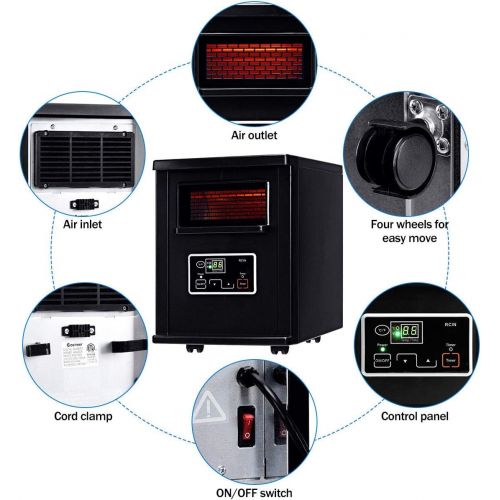 코스트웨이 COSTWAY Infrared Quartz Heater, 1500W Portable Space Heater with Digital Thermostat, Remote Control, overheated Protection, Electric Heater with Wheels for Bedroom, Home& Office, B