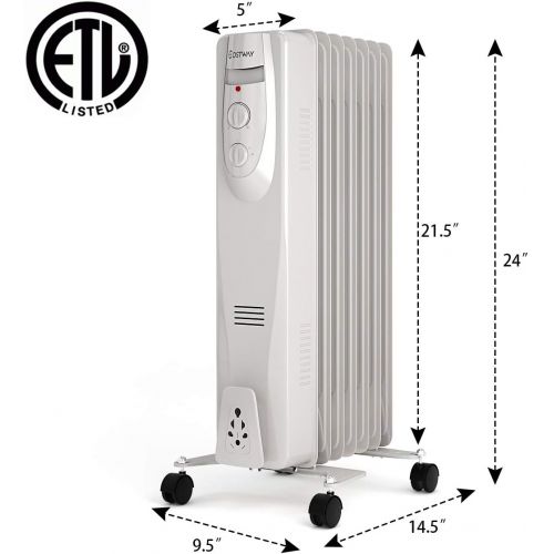 코스트웨이 COSTWAY Oil Filled Radiator Heater, 1500W Portable Space Heater with Adjustable Thermostat, Overheat & Tip-Over Protection, Quiet Full Room Heater for Indoor Home & Office, 24 Heig