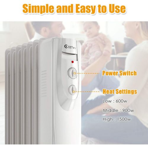 코스트웨이 COSTWAY Oil Filled Radiator Heater, 1500W Portable Space Heater with Adjustable Thermostat, Overheat & Tip-Over Protection, Quiet Full Room Heater for Indoor Home & Office, 24 Heig