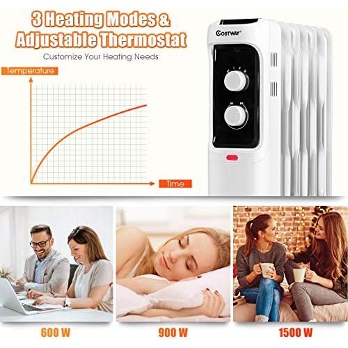 코스트웨이 COSTWAY Oil Filled Radiator Heater, 1500W Portable Space Heater with 3 Heating Mode, Adjustable Thermostat, Tip-Over and Overheat Protection, Electric Heater for Home Office Indoor