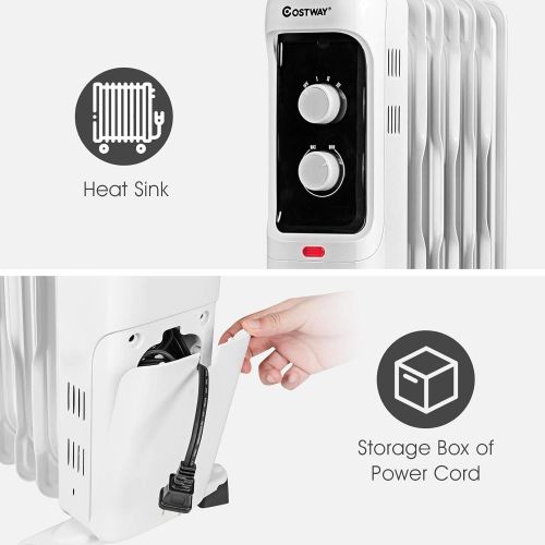 코스트웨이 COSTWAY Oil Filled Radiator Heater, 1500W Portable Space Heater with 3 Heating Mode, Adjustable Thermostat, Tip-Over and Overheat Protection, Electric Heater for Home Office Indoor