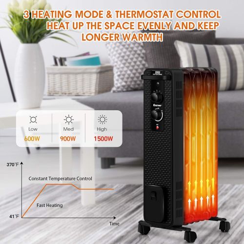 코스트웨이 COSTWAY Oil Filled Radiator Heater, 900W/1500W Portable Space Heater with 3 Heating Modes, Adjustable Thermostat, Tip-Over and Overheat Protection, Electric Heater for Home Office