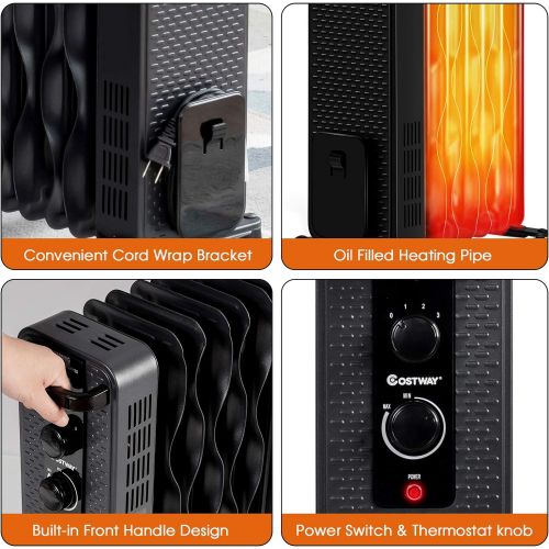 코스트웨이 COSTWAY Oil Filled Radiator Heater, 900W/1500W Portable Space Heater with 3 Heating Modes, Adjustable Thermostat, Tip-Over and Overheat Protection, Electric Heater for Home Office