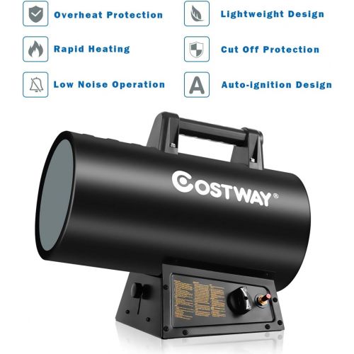 코스트웨이 COSTWAY Propane Heater, 60000 BTU Propane Forced Air Heater, Heat Output, Overheat & Cut-off Protection, Portable Gas Space Heater Suitable for Ventilated Warehouse Construction Si